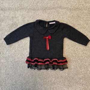 Wingsfield grey wool sweater dress collar bow size 12-18m ruffle edge baby girls